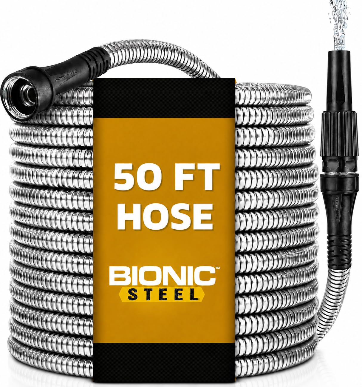 BIONIC STEEL 50 Ft Metal Garden Hose with Sprayer Nozzle, Non Kinking Designed Stainless Steel Heavy Duty Water Hose 50Ft x 5/8 in. Ultra Flexible NON Expandable for Uninterrupted Water Flow, 500 PSI