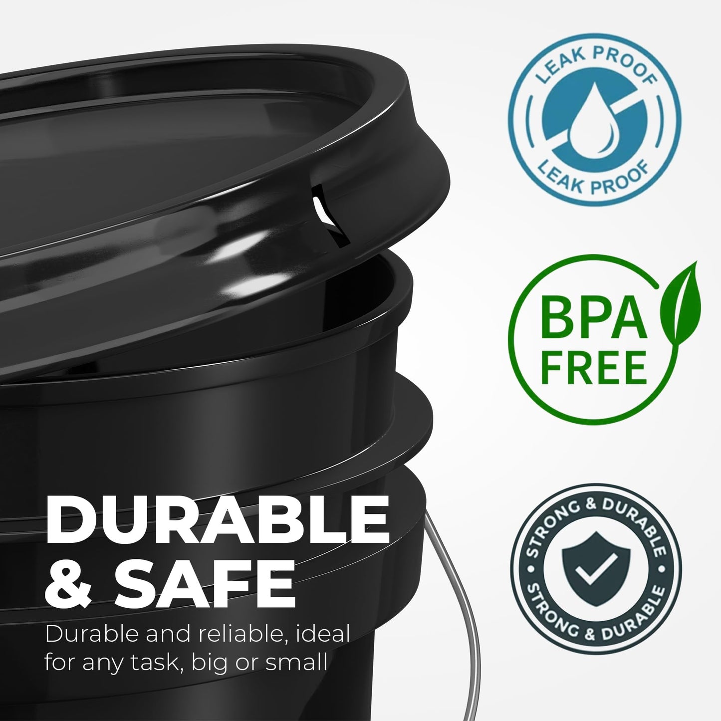 EconoHome 5-Gallon Black Bucket Pail Container with Lid | Metal Handles with Plastic Grip | Easy Stack and Store | Heavy-Duty, Approx 90 MIL, Extra Durable | Food Grade | BPA Free - 1 Pack