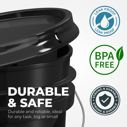 EconoHome 5-Gallon Black Bucket Pail Container with Lid | Metal Handles with Plastic Grip | Easy Stack and Store | Heavy-Duty, Approx 90 MIL, Extra Durable | Food Grade | BPA Free - 1 Pack
