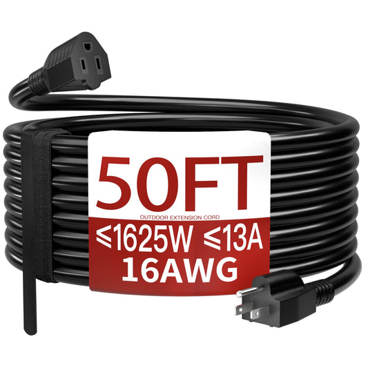 Skrizcable 16/3 50 FT Outdoor Extension Cord Waterproof, Weatherproof & Flame Retardant Black 3 Prong Power Cord Outside for Lawn & Garden, 13 Amps 1625 Watts 125 VAC 16AWG SJTW, ETL Listed