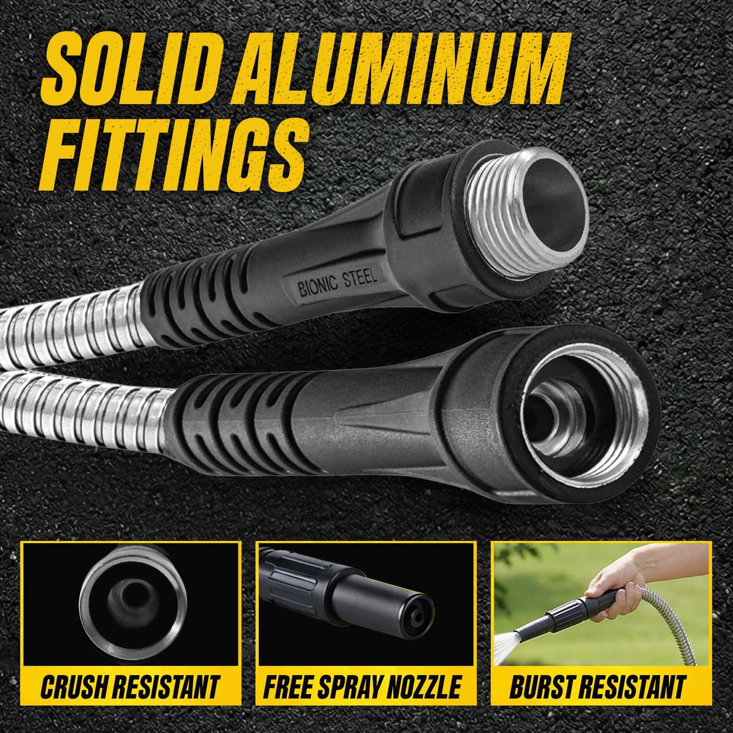 BIONIC STEEL 50 Ft Metal Garden Hose with Sprayer Nozzle, Non Kinking Designed Stainless Steel Heavy Duty Water Hose 50Ft x 5/8 in. Ultra Flexible NON Expandable for Uninterrupted Water Flow, 500 PSI
