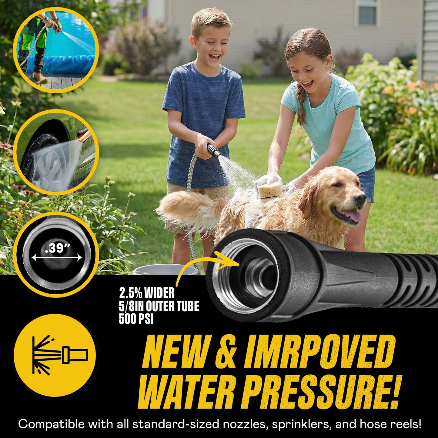 BIONIC STEEL 50 Ft Metal Garden Hose with Sprayer Nozzle, Non Kinking Designed Stainless Steel Heavy Duty Water Hose 50Ft x 5/8 in. Ultra Flexible NON Expandable for Uninterrupted Water Flow, 500 PSI