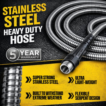 BIONIC STEEL 50 Ft Metal Garden Hose with Sprayer Nozzle, Non Kinking Designed Stainless Steel Heavy Duty Water Hose 50Ft x 5/8 in. Ultra Flexible NON Expandable for Uninterrupted Water Flow, 500 PSI